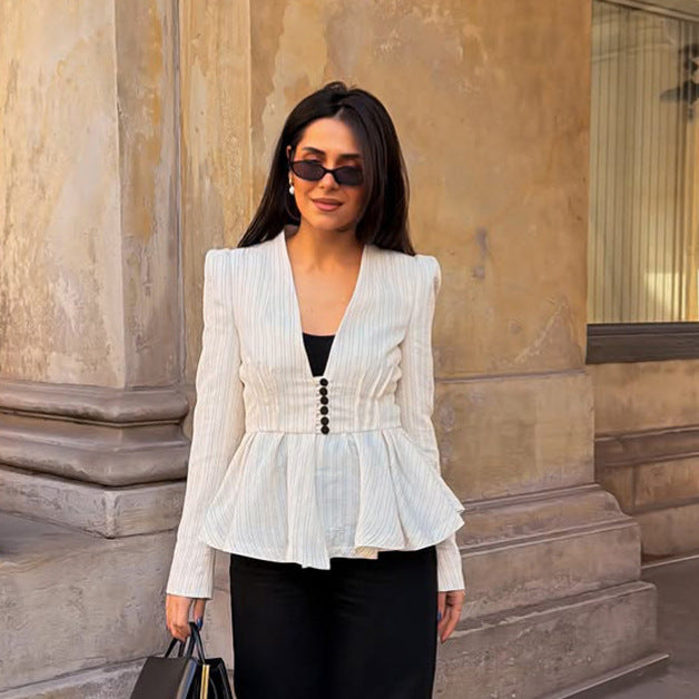 Ladies Tailored Peplum Blazer with Sculpted Shoulder and Decorative Button Placket Mune Fashion