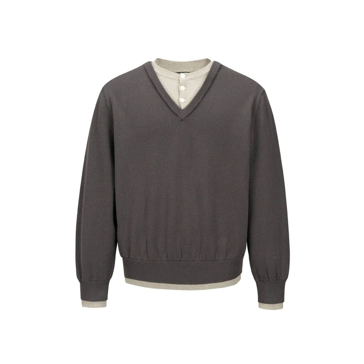 Men's V-Neck Fine Knit Sweater with Integrated Henley Detail and Elastic Waistband Mune Fashion
