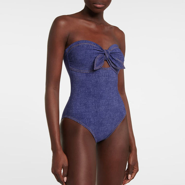Women's bandeau swimsuit with decorative bows and striped maxi skirt Mune Fashion