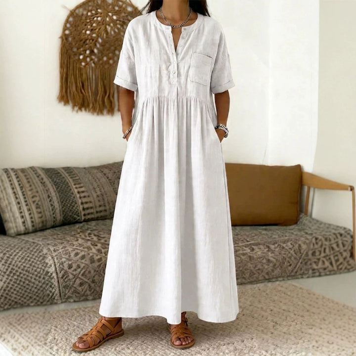 Women's Long Boho Maxi Dress with Henley Button Placket, Chest Pocket and Side Pockets Mune Fashion