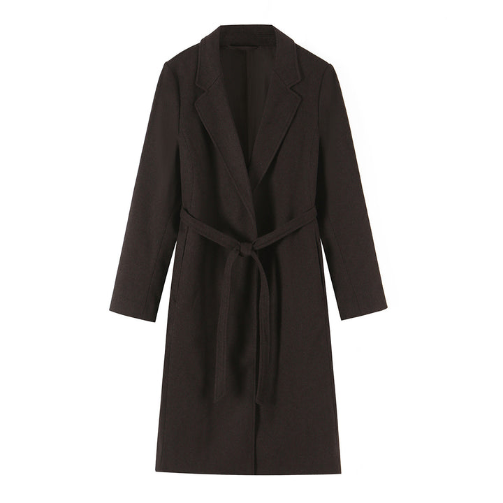 Women's Tailored Wool Blend Coat with Notch Collar and Tied Belt Mune Fashion
