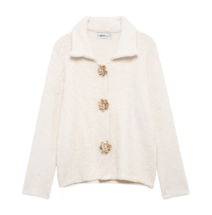 Women's short bouclé jacket with decorative flower buttons and round shawl collar Mune Fashion