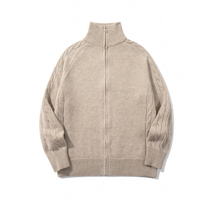 Unisex Boxy Zip Cardigan with Stand-up Collar, Cable Knit Sleeves and Ribbed Hems Mune Fashion