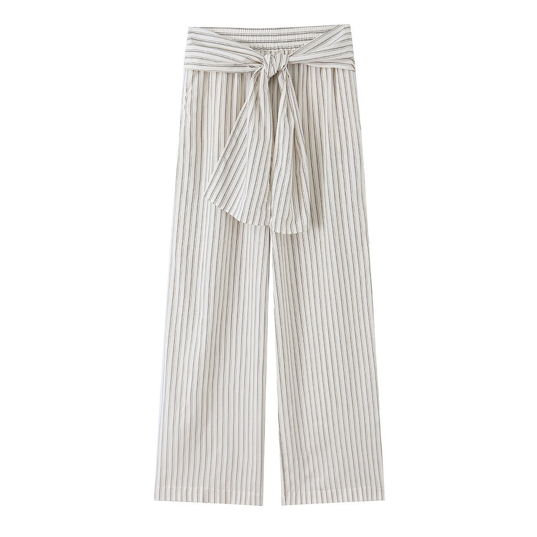 Women Wide Highwaist Trousers with Vertical Stripes and Tied Belt Mune Fashion