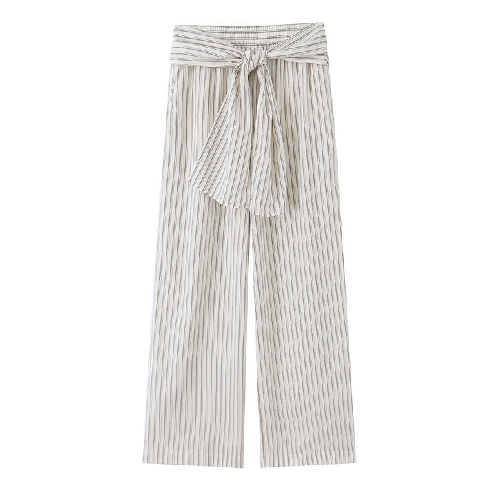 Women Wide Highwaist Trousers with Vertical Stripes and Tied Belt Mune Fashion