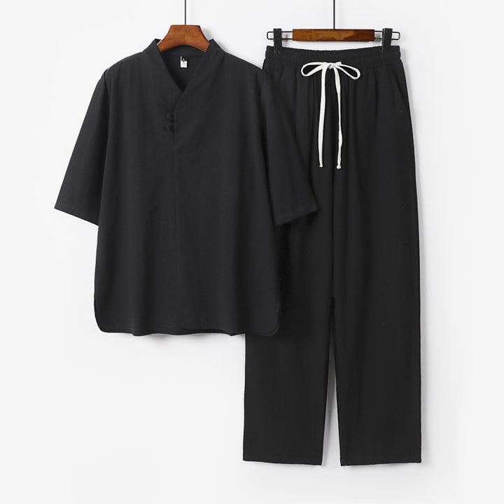Men's Two-Piece Lightweight Loungewear Set with Stand Collar Short Sleeve Shirt and Drawstring Pants Mune Fashion