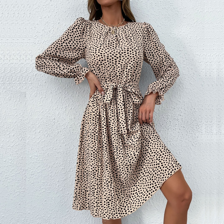 Women Elegant Pleated Midi Dress with Waist Sash, Ruffled Puff Sleeves and A-Line Skirt