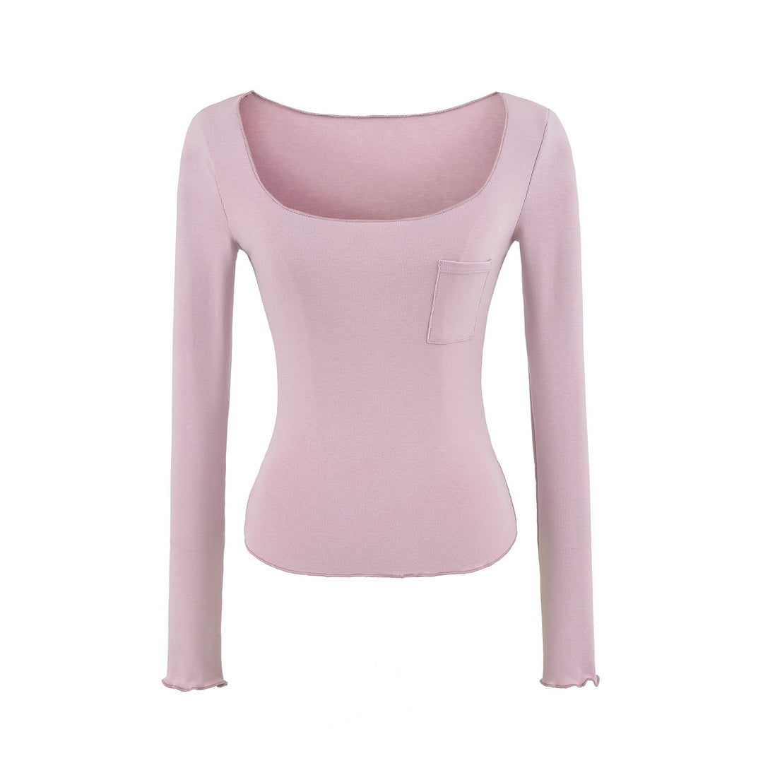 Women's fitted ribbed long-sleeve shirt with wide square neckline and chest pocket Mune Fashion