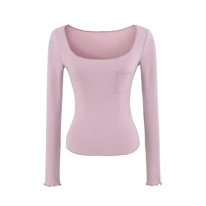 Women's fitted ribbed long-sleeve shirt with wide square neckline and chest pocket Mune Fashion