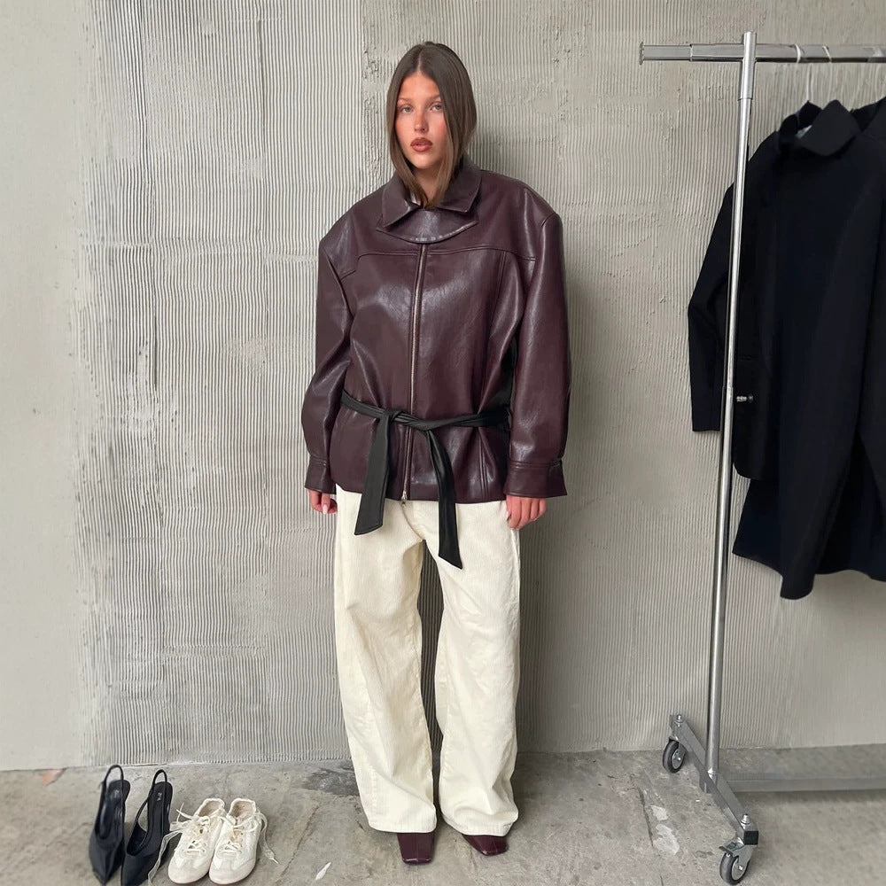 Women's Boxy Faux Leather Jacket with High Stand Collar, Front Zip and Waist Belt Mune Fashion