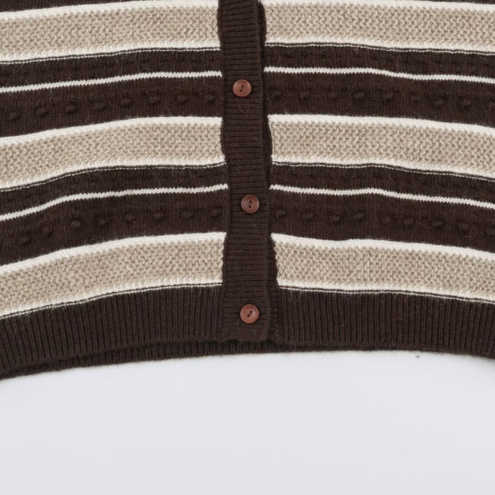 Women's fine knitted vest with V-neck, textured stripes and button placket Mune Fashion