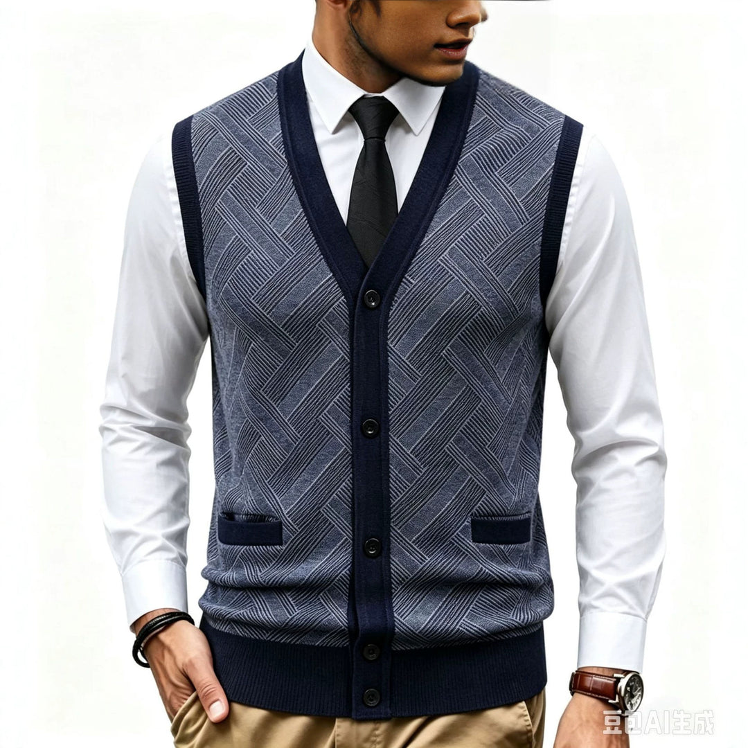 Men's fine-knit vest with V-neck, button placket and diamond pattern Mune Fashion