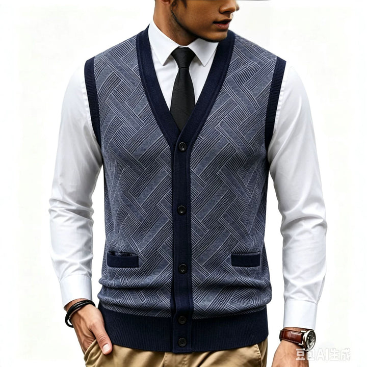 Men's fine-knit vest with V-neck, button placket and diamond pattern Mune Fashion