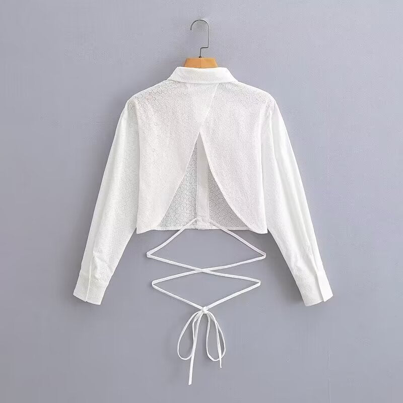 Women's Short-Cut Eyelet Embroidery Blouse with Shirt Collar and Long Ties Mune Fashion