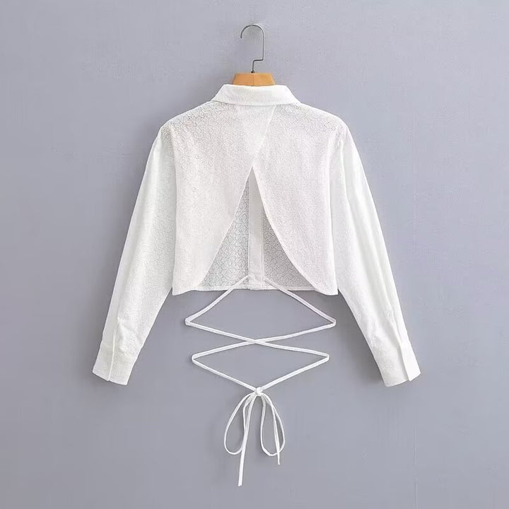 Women's Short-Cut Eyelet Embroidery Blouse with Shirt Collar and Long Ties Mune Fashion