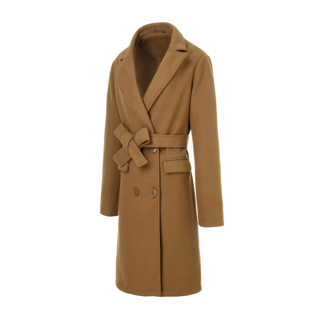 Women’s coat in wool look with double-breasted front, waist belt, and flap pockets Mune Fashion
