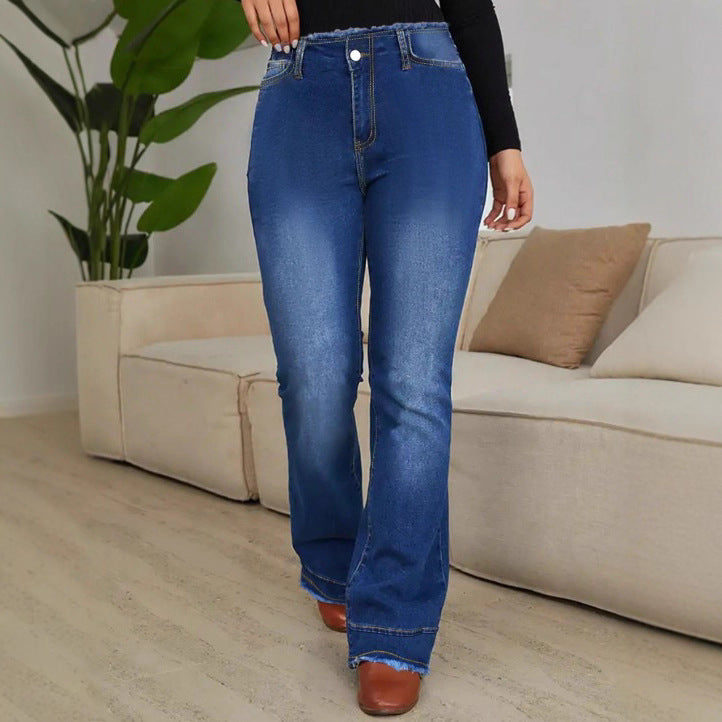 Women's High-Waisted Elastic Jeans with Bootcut and Frayed Hem Mune Fashion