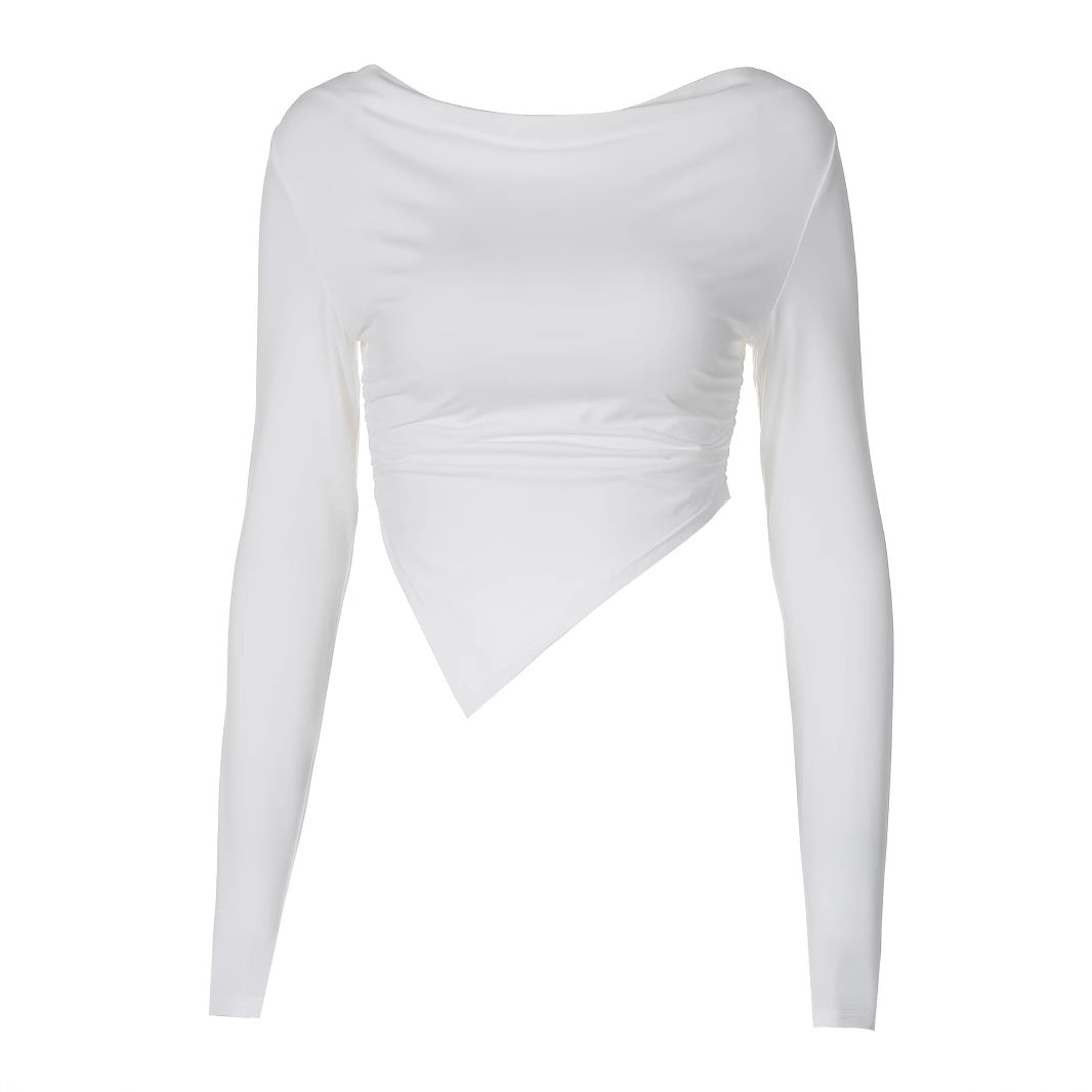 Women nan asymmetrical long-sleeved cropped top with draped neckline, side gathering, and pointed hem Mune Fashion