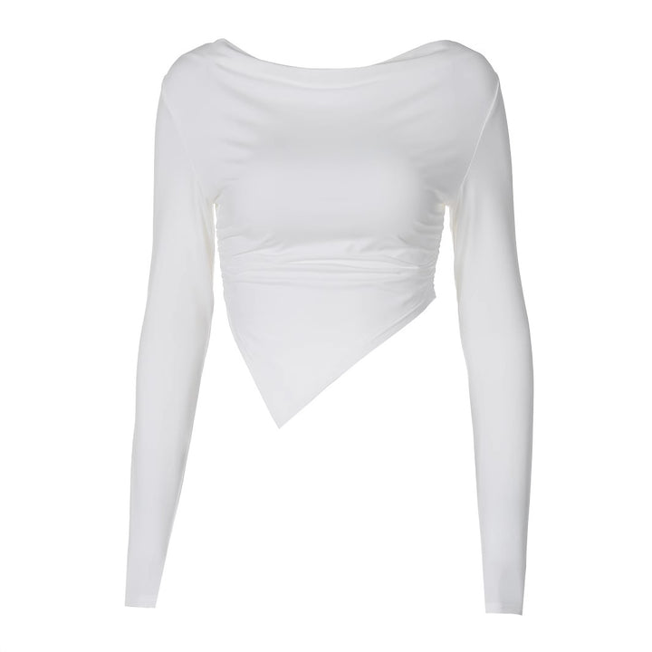 Women nan asymmetrical long-sleeved cropped top with draped neckline, side gathering, and pointed hem Mune Fashion