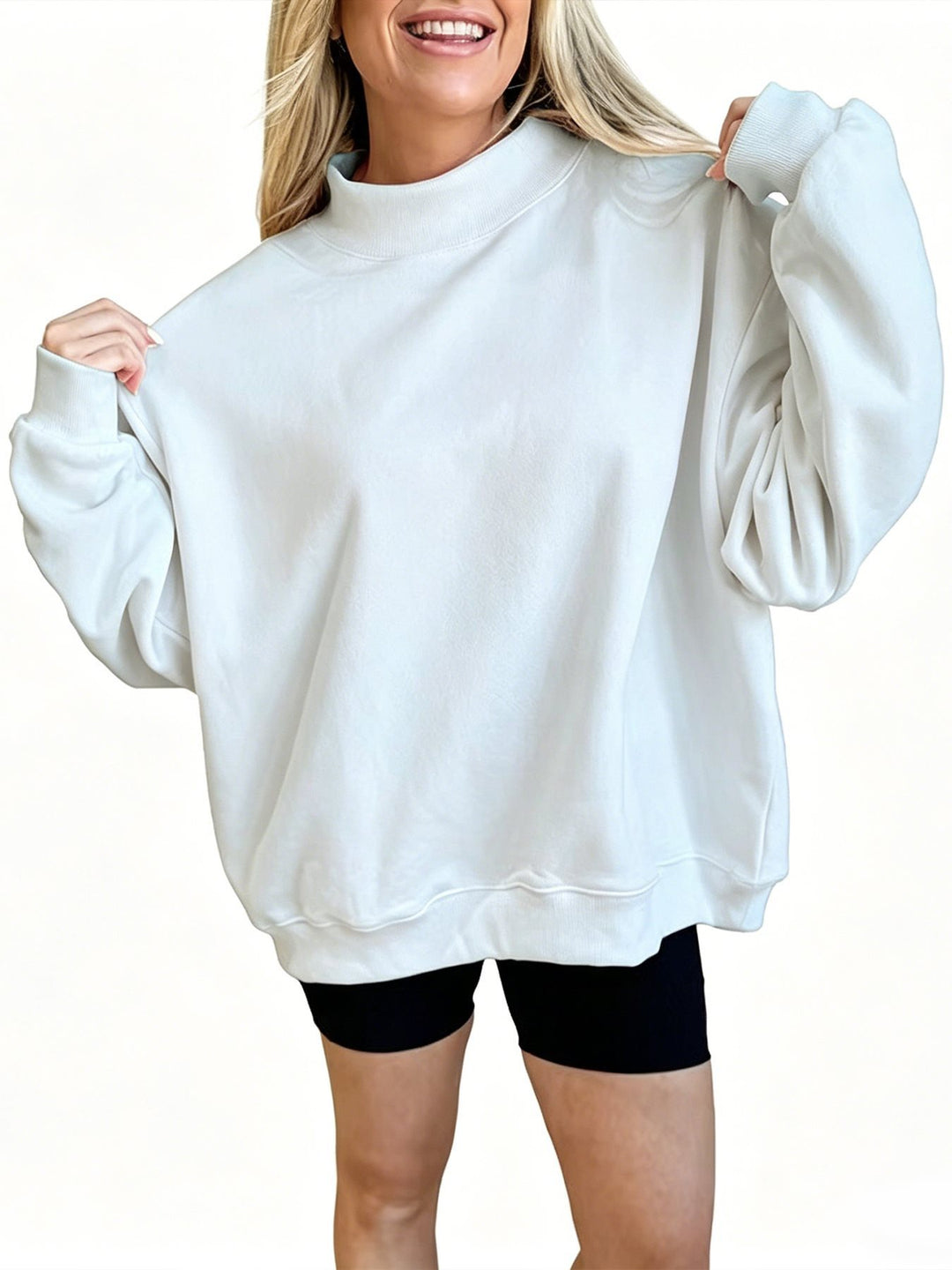 Women's Oversize Sweatshirt with Stand-Up Collar and Balloon Sleeves Mune Fashion