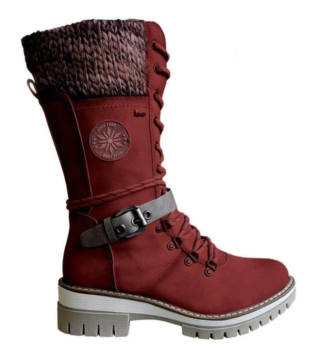 Women nan padded lace-up boots with knitted shaft, decorative buckle strap, and patterned rubber sole Mune Fashion