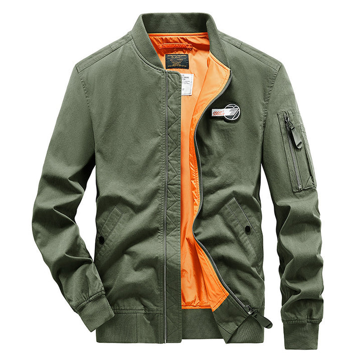 Men's pilot style bomber jacket with contrast color lining, arm pocket, and ribbed hem Mune Fashion