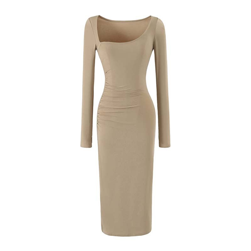 Women's Figure-hugging Midi Dress with Deep Round Neckline, Long Sleeves, and Side Gatherings