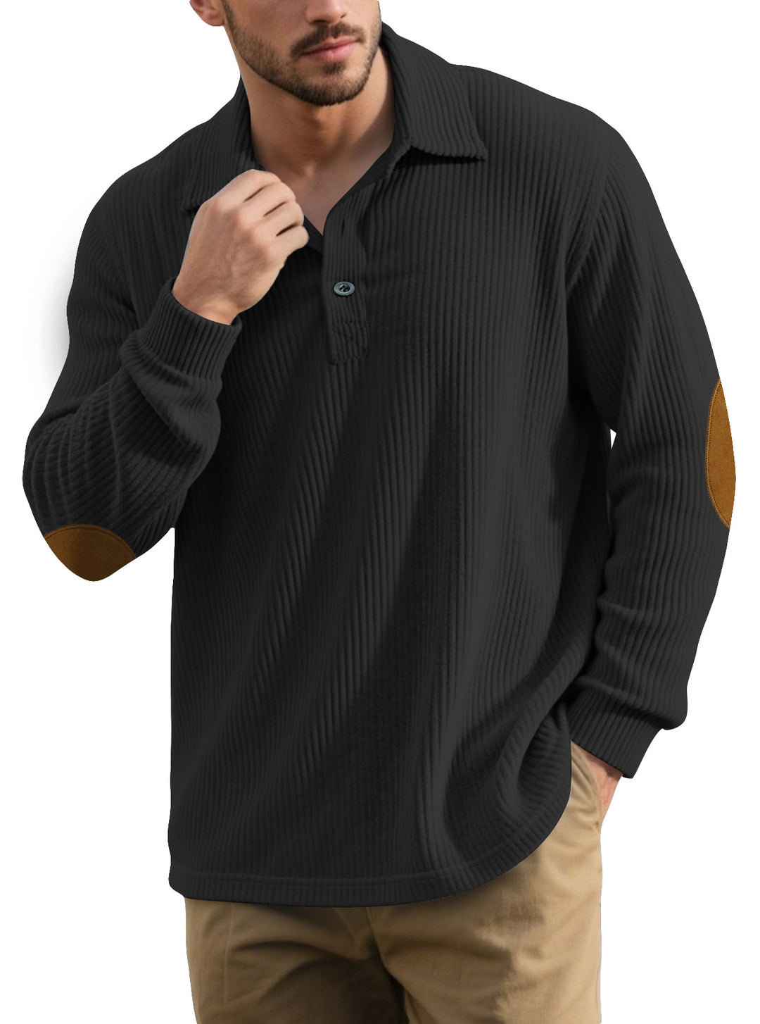 Men's ribbed casual polo with kent collar, short button placket and velour elbow patches Mune Fashion