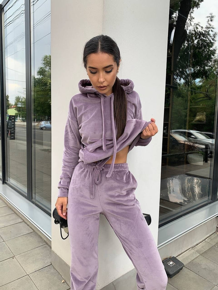Women's Velvet Loungewear Set with Cropped Hoodie and Drawstring Joggers Mune Fashion