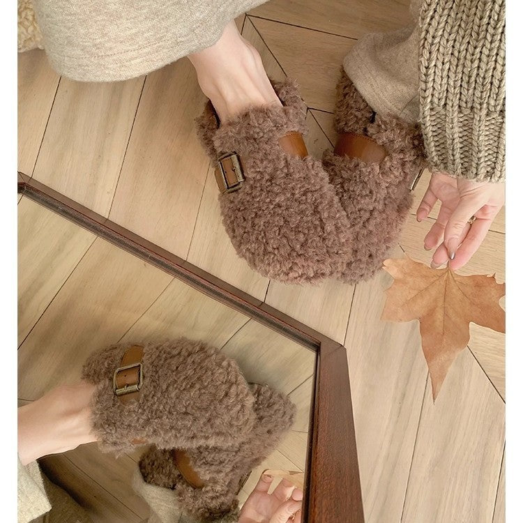 Women's Insulated Teddy-Fleece Mules with Adjustable Metal Buckle and Heel Strap Mune Fashion