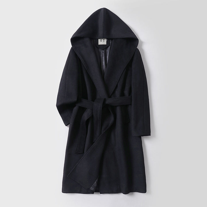 Women's Maxi Length Hooded Coat made of Wool Blend with Tying Belt and Soft Lining Mune Fashion