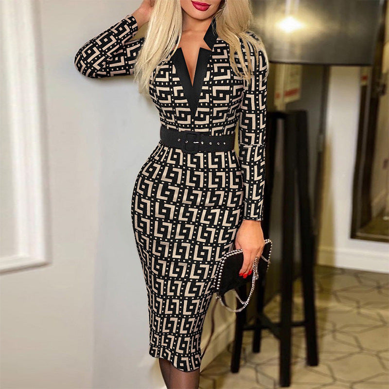 Women's Figure-Hugging Pencil Dress with Waist Belt and V-Neck Mune Fashion