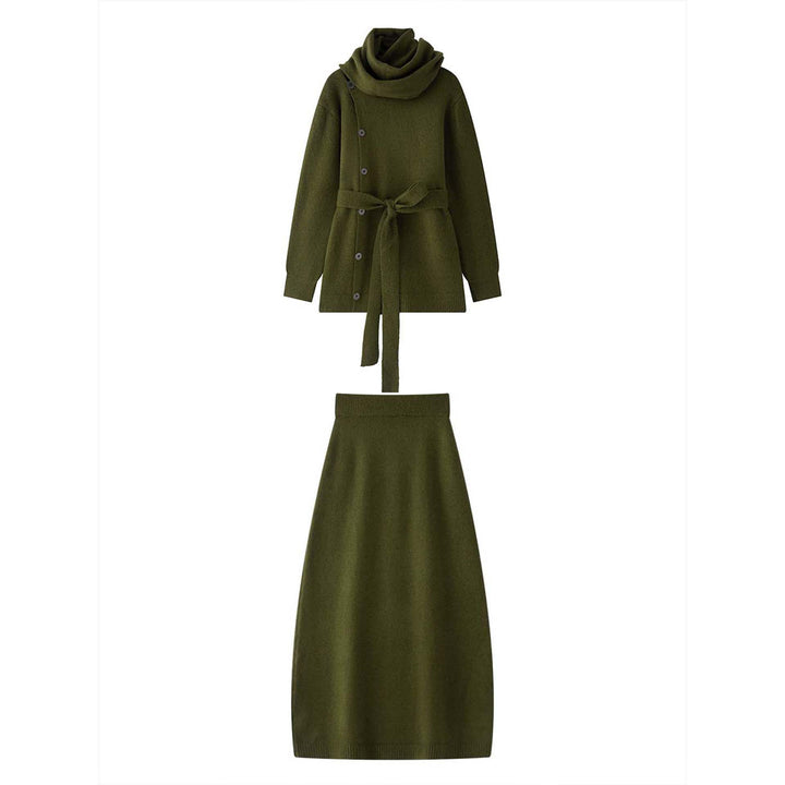Women's Buttoned Knit Coat with Ties and Maxi Skirt Mune Fashion