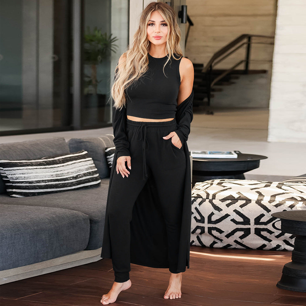 Women's Three-Piece Lounge Set made of soft viscose blend with long cardigan, crop top, and jogger pants Mune Fashion