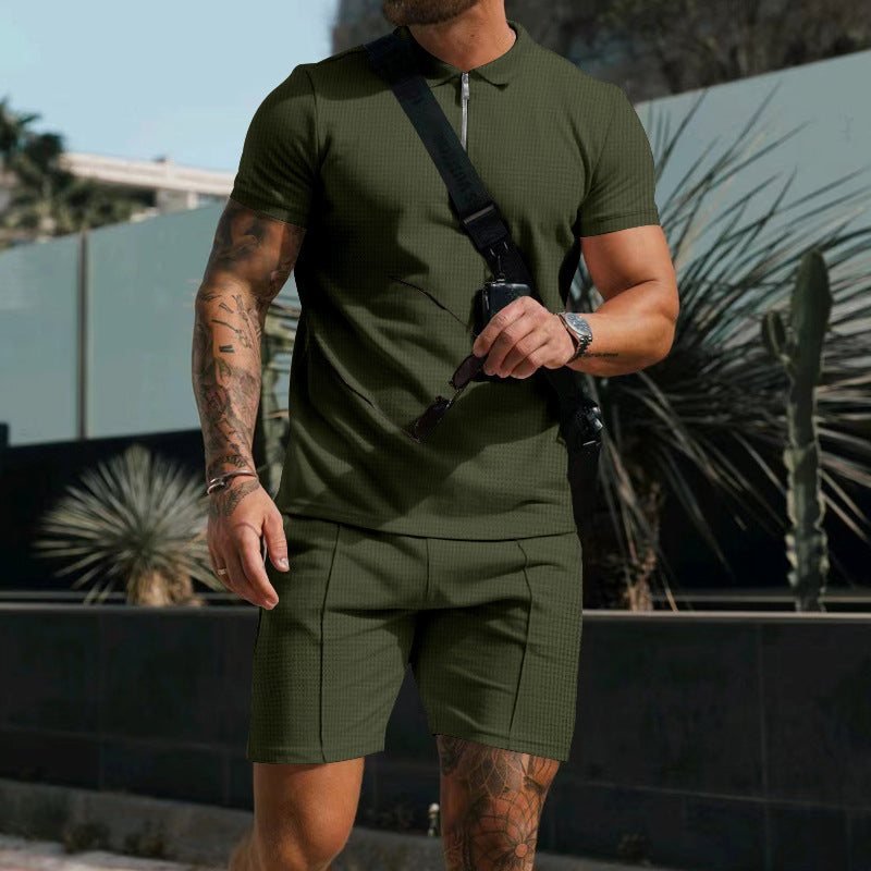 Men's casual polo shirt and chino shorts set with half zipper, textured jersey and subtle crease Mune Fashion