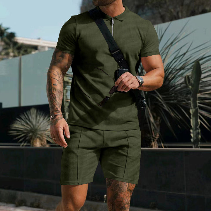 Men's casual polo shirt and chino shorts set with half zipper, textured jersey and subtle crease Mune Fashion
