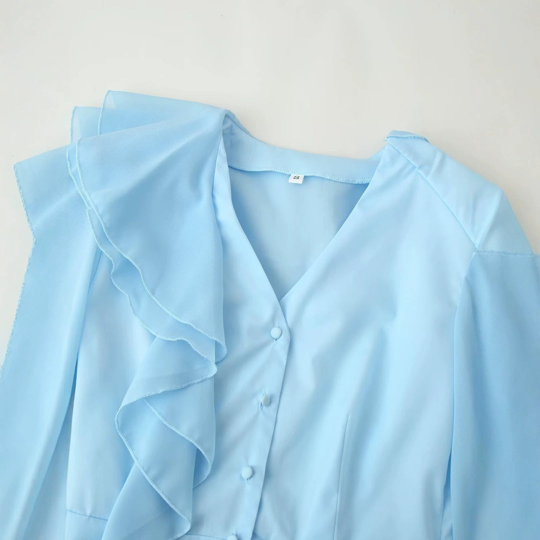Ladies ruffle blouse with stand-up collar, ruffle details and waist belt Mune Fashion