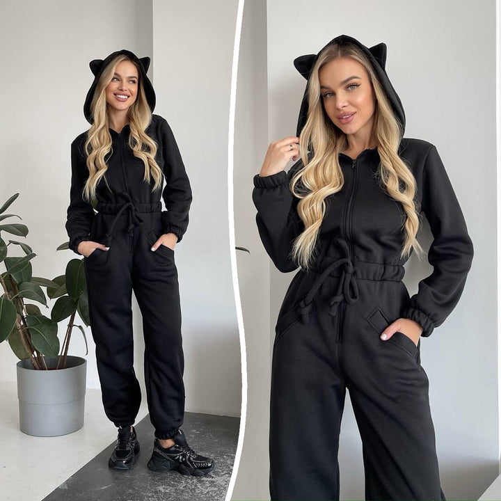 Women Cozy Hooded Overall with Cat Ears and Waist Drawstring Mune Fashion