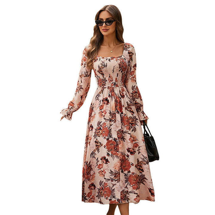 Women's midi dress with square neckline, smocked waist and long balloon sleeves Mune Fashion
