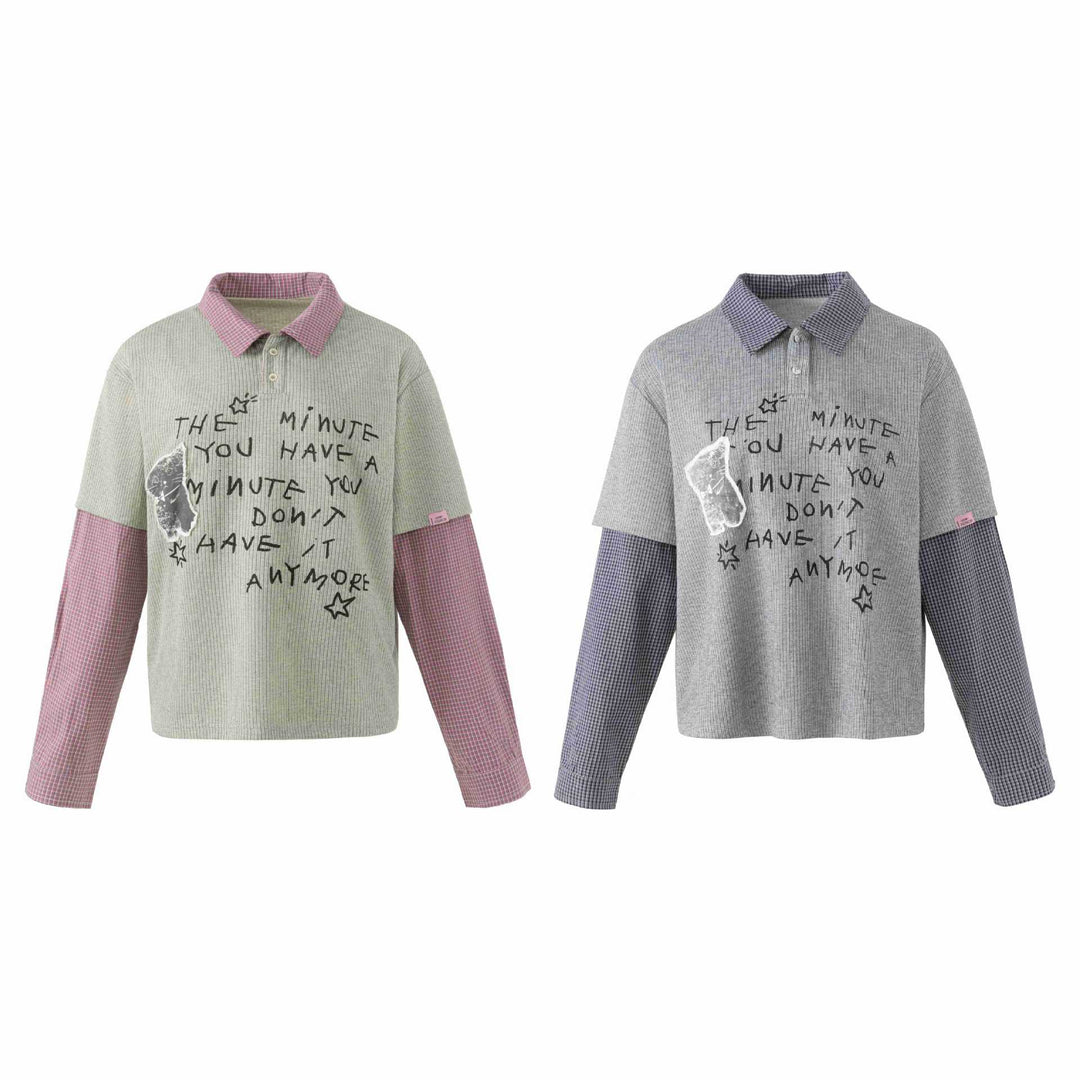 Unisex Layered Look Knit Polo Shirt with Checkered Insert Sleeves and Statement Print Mune Fashion