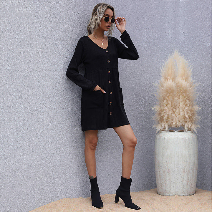 Women Ribbed Knit Dress with V-Neck, Button Placket and Patch Pockets Mune Fashion
