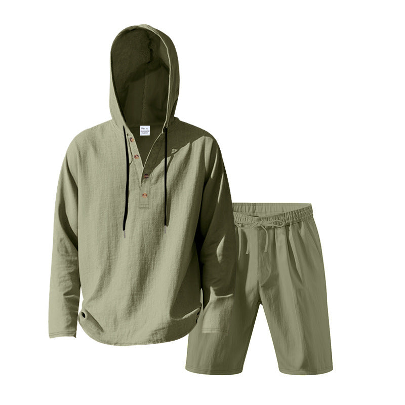 Men's Hoodie Henley Loungewear Set with Linen Look, Drawstring and Elastic Tunnel Shorts Mune Fashion