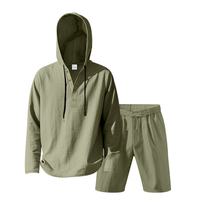 Men's Hoodie Henley Loungewear Set with Linen Look, Drawstring and Elastic Tunnel Shorts Mune Fashion