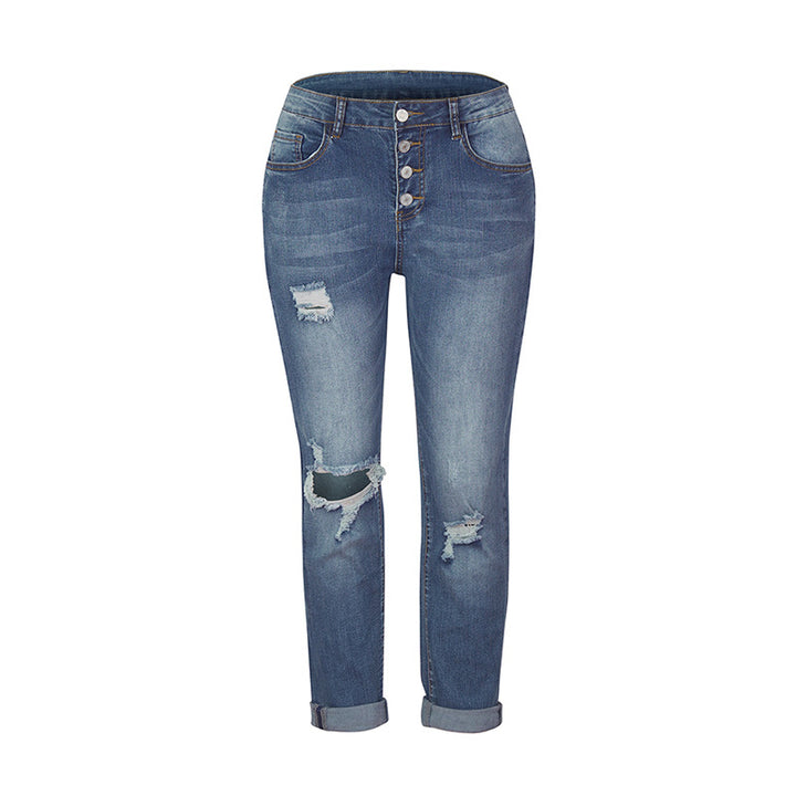 Women's skinny jeans with high button placket and casual ripped used look Mune Fashion
