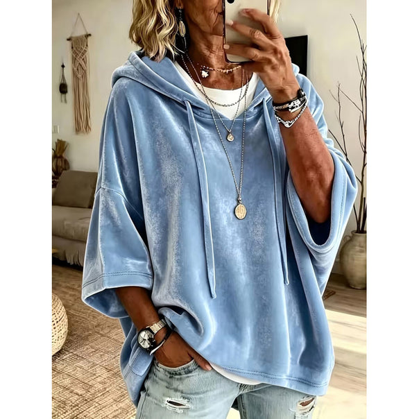 Ladies Luxurious Velvet Hoodie with Kimono Short Sleeves and Drawstring Mune Fashion