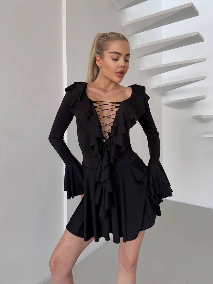 Women Ruffled Skater Dress with Ruffles, Flared Skirt and Bell Sleeves Mune Fashion