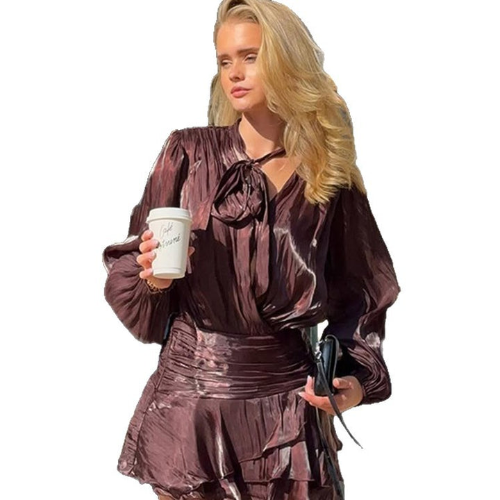 Women Transparent Chiffon Mini Dress with Volume Sleeves, Tie Bow & Tiered Skirt Mune Fashion