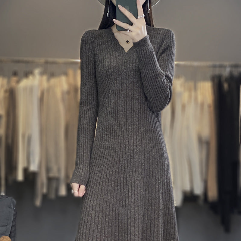 Women Long Ribbed Knit Midi Dress with Tailored Silhouette and A-Line Skirt Mune Fashion