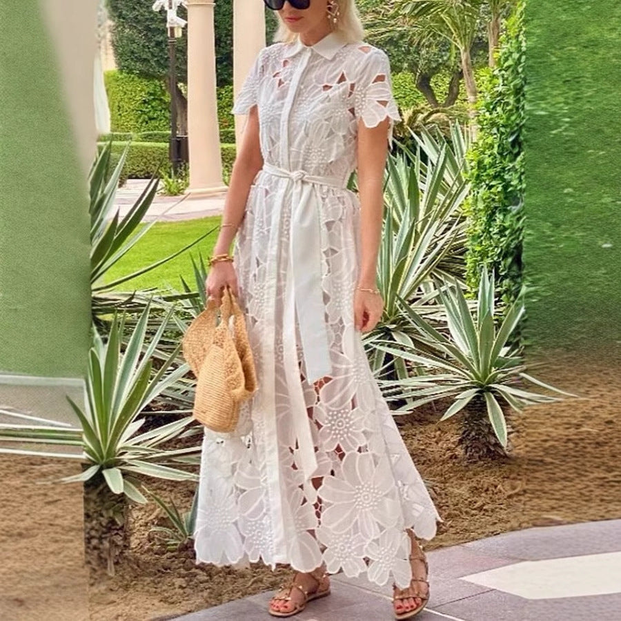 Women's flared maxi dress made of floral embroidery with a shirt collar, button placket, and tie belt Mune Fashion