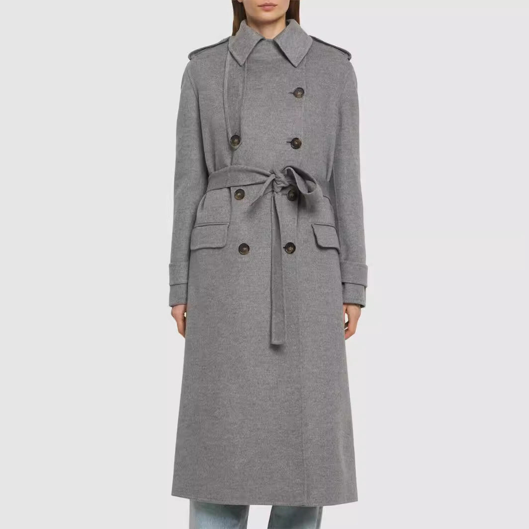 Women Mid-length Tailored Double-breasted Trench Coat made of Wool Blend with Flared Hem Mune Fashion